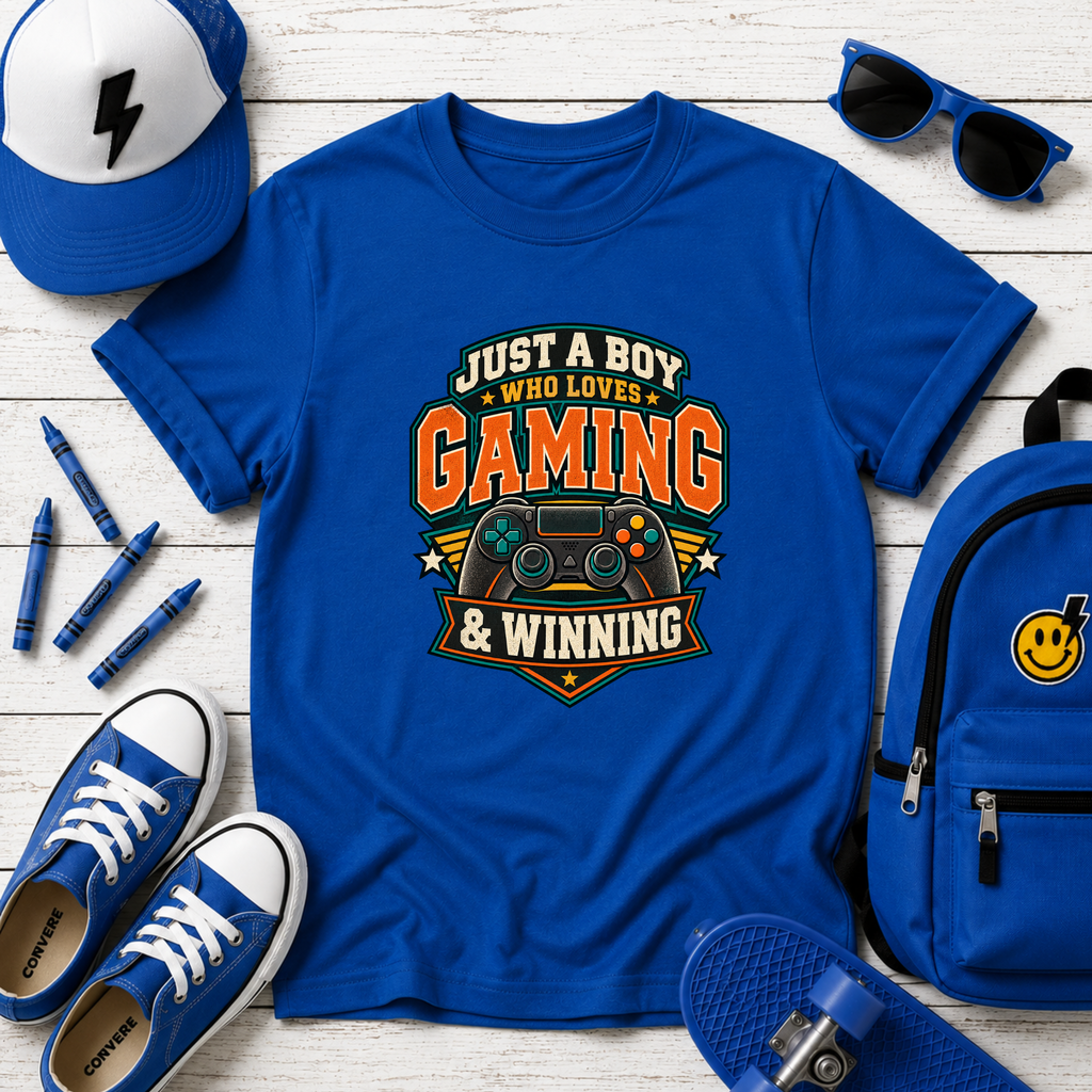 Kids Tee "Just A Boy Who Loves Gaming & Winning" Video Game Controller Shirt