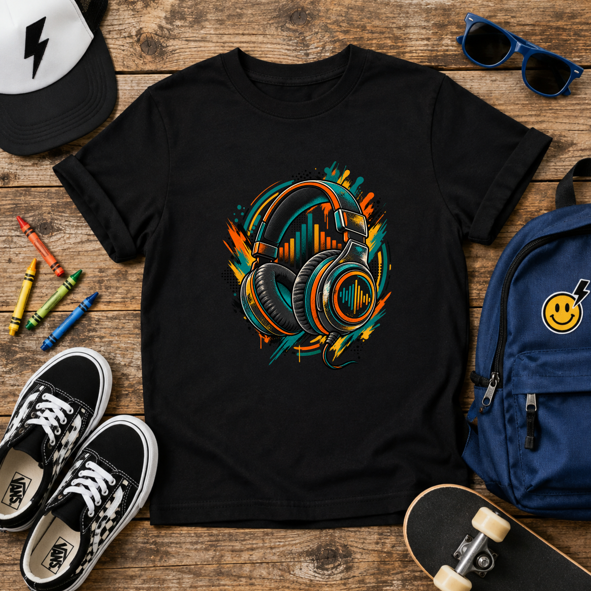 Kids T‑Shirt Colorful Headphones Music Graphic Tee