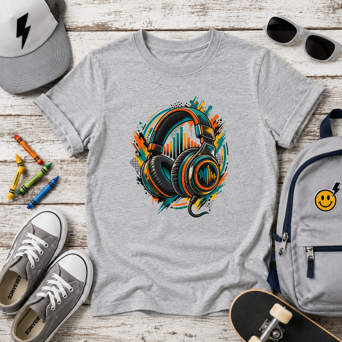 Kids T‑Shirt Colorful Headphones Music Graphic Tee