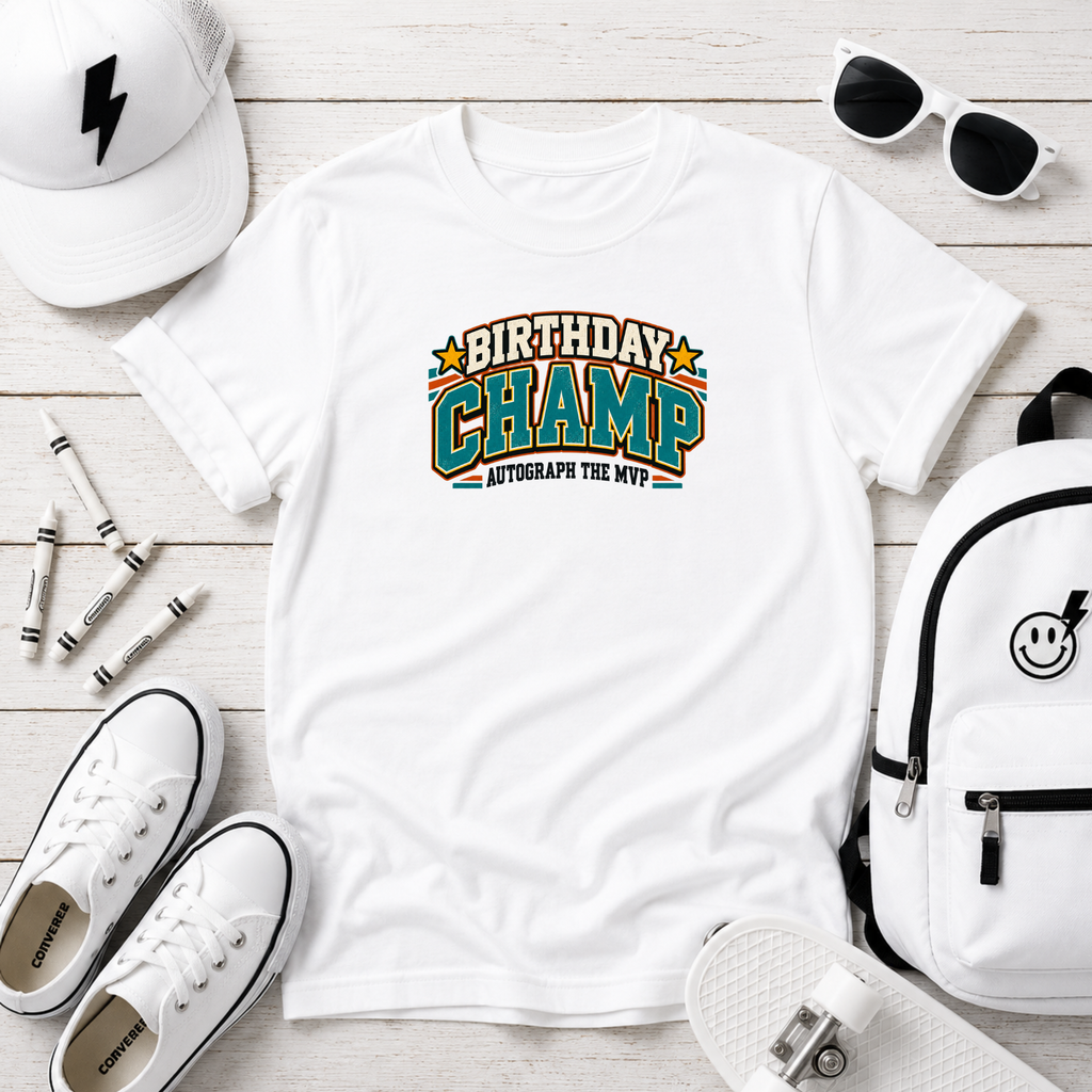 Birthday Champ Kids Tee Retro Birthday Shirt (Collecting Signatures)