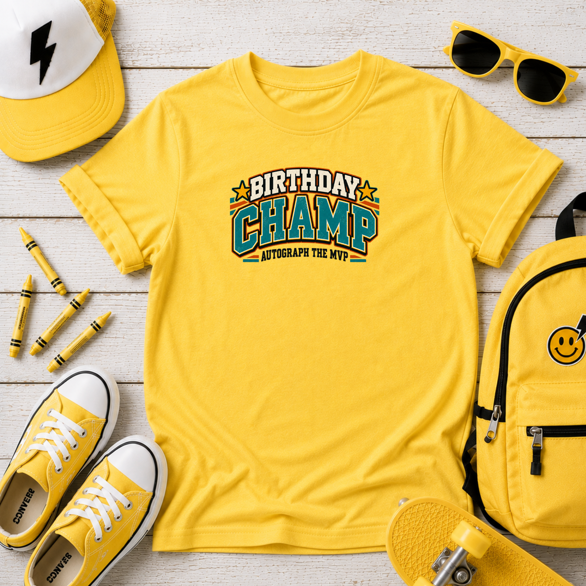 Birthday Champ Kids Tee Retro Birthday Shirt (Collecting Signatures)