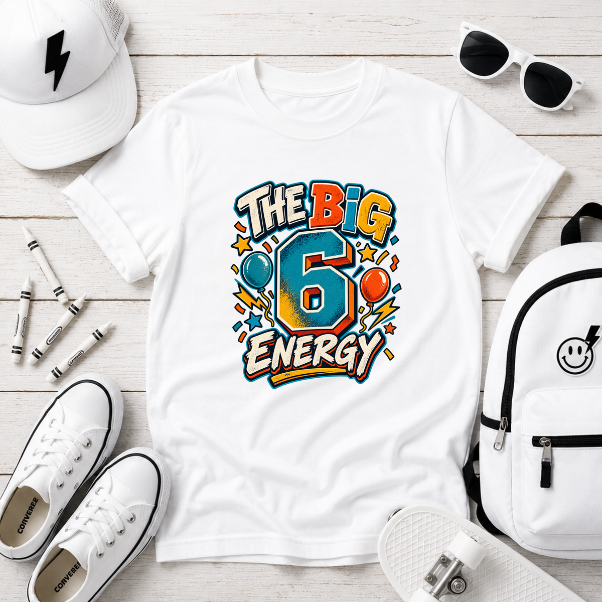 Kids Tee "The Big 6 Energy" Birthday Shirt with Balloons