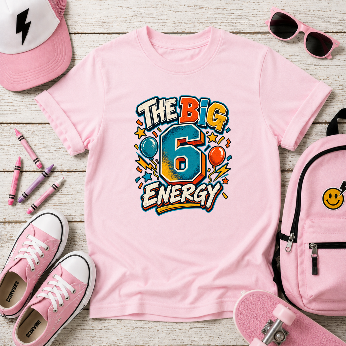 Kids Tee "The Big 6 Energy" Birthday Shirt with Balloons