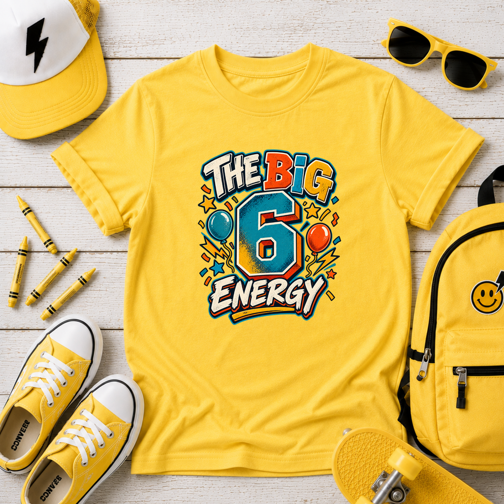 Kids Tee "The Big 6 Energy" Birthday Shirt with Balloons