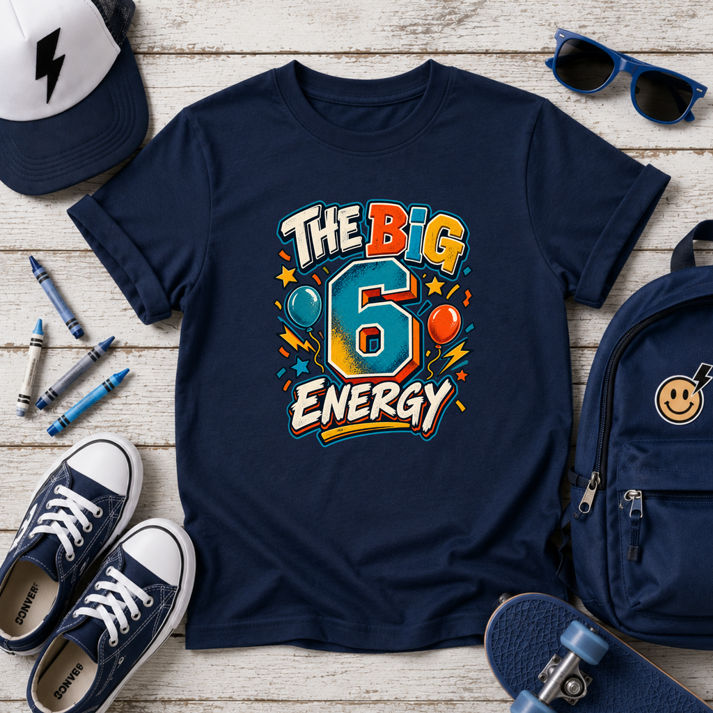 Kids Tee "The Big 6 Energy" Birthday Shirt with Balloons