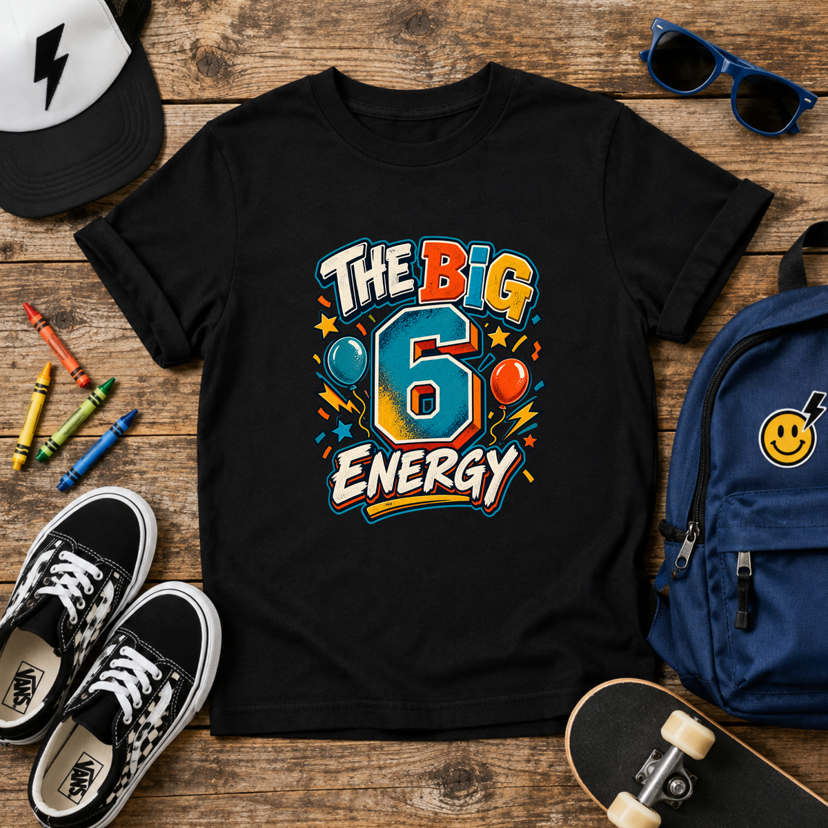 Kids Tee "The Big 6 Energy" Birthday Shirt with Balloons