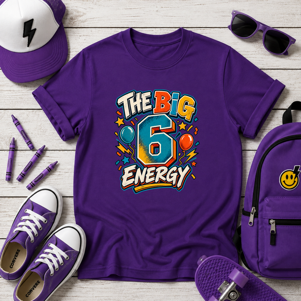 Kids Tee "The Big 6 Energy" Birthday Shirt with Balloons