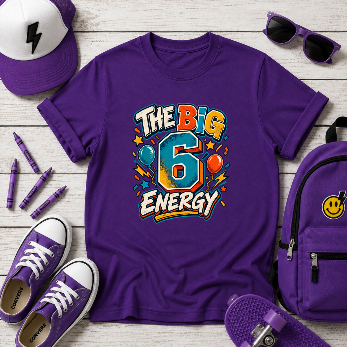 Kids Tee "The Big 6 Energy" Birthday Shirt with Balloons