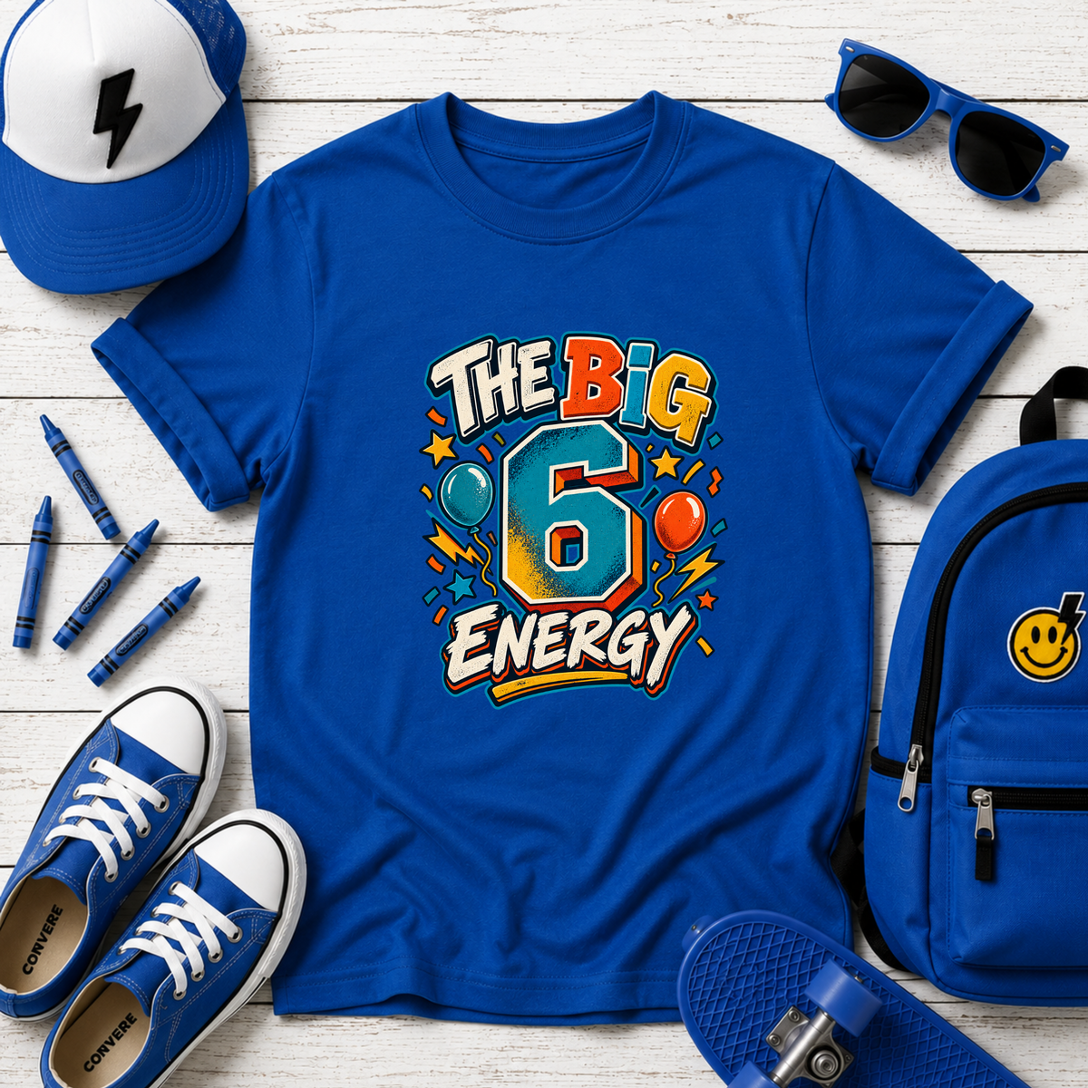 Kids Tee "The Big 6 Energy" Birthday Shirt with Balloons