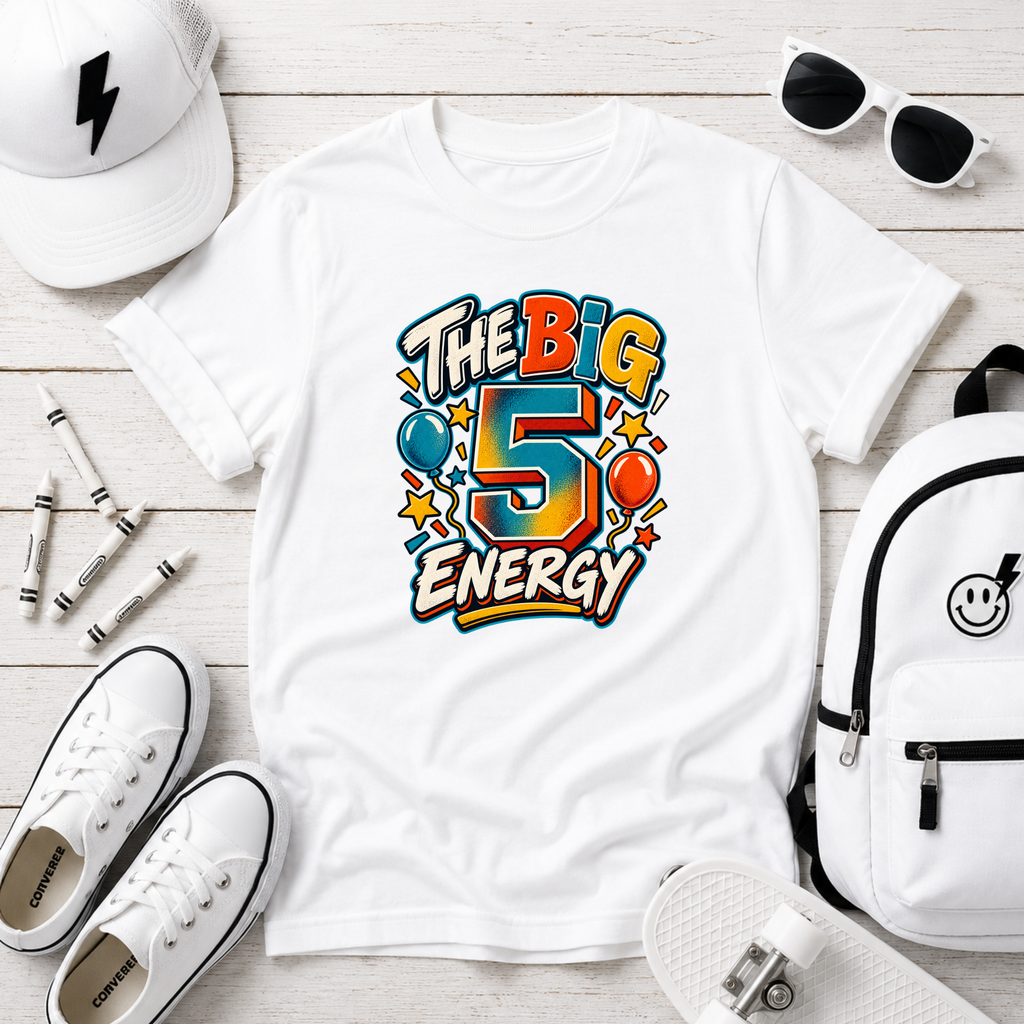 Kids T-Shirt “The Big 5 Energy” Birthday Tee (Colorful Balloons, Fun Graphic)