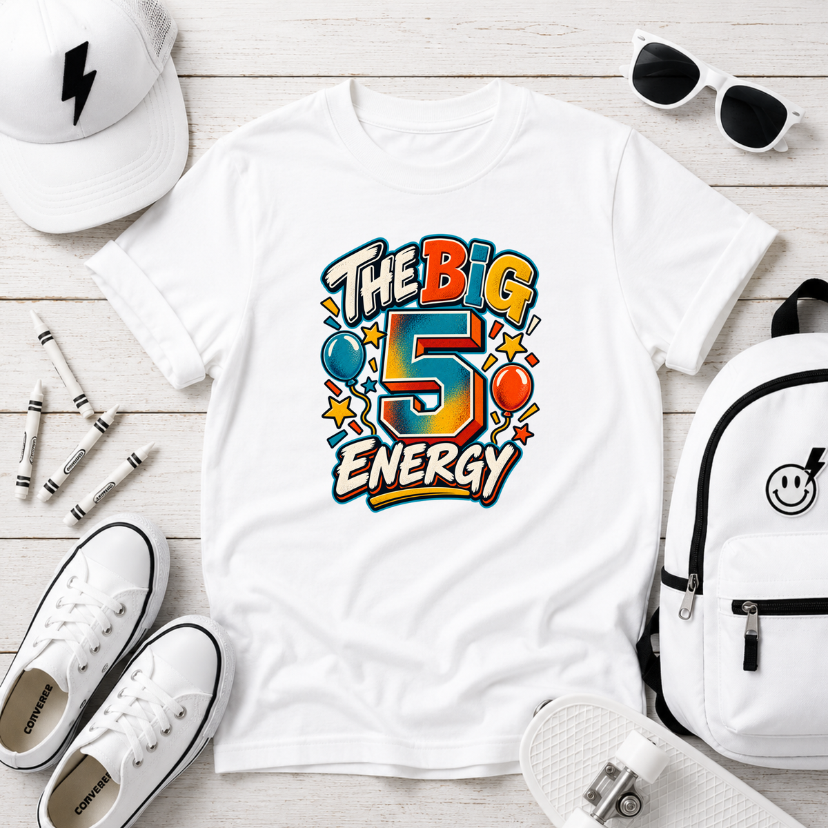 Kids T-Shirt “The Big 5 Energy” Birthday Tee (Colorful Balloons, Fun Graphic)