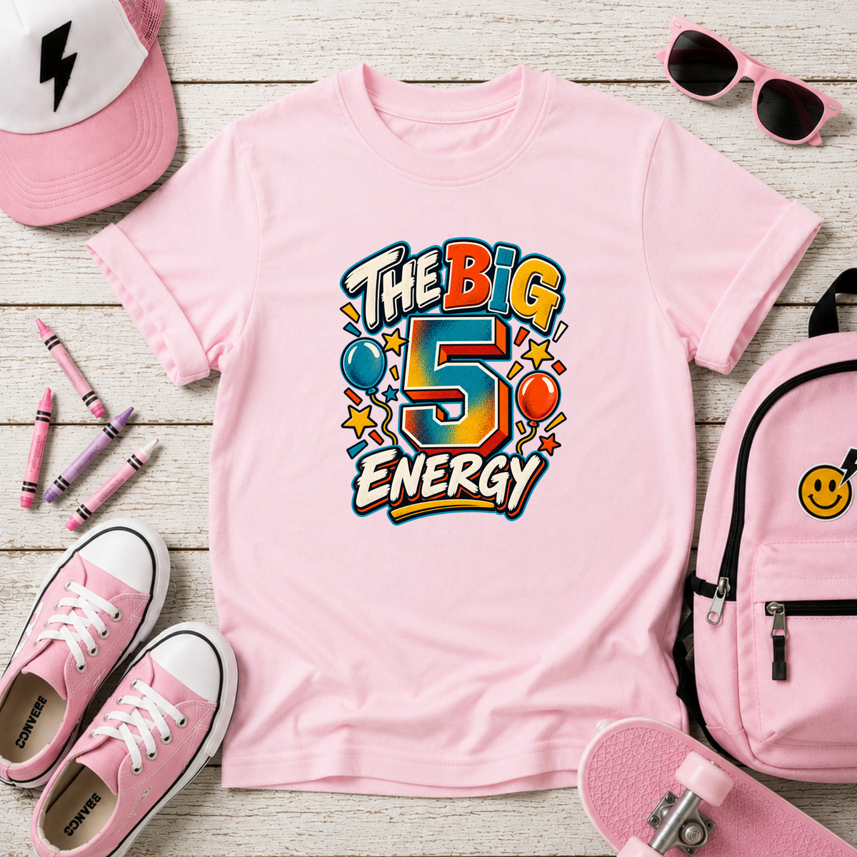 Kids T-Shirt “The Big 5 Energy” Birthday Tee (Colorful Balloons, Fun Graphic)