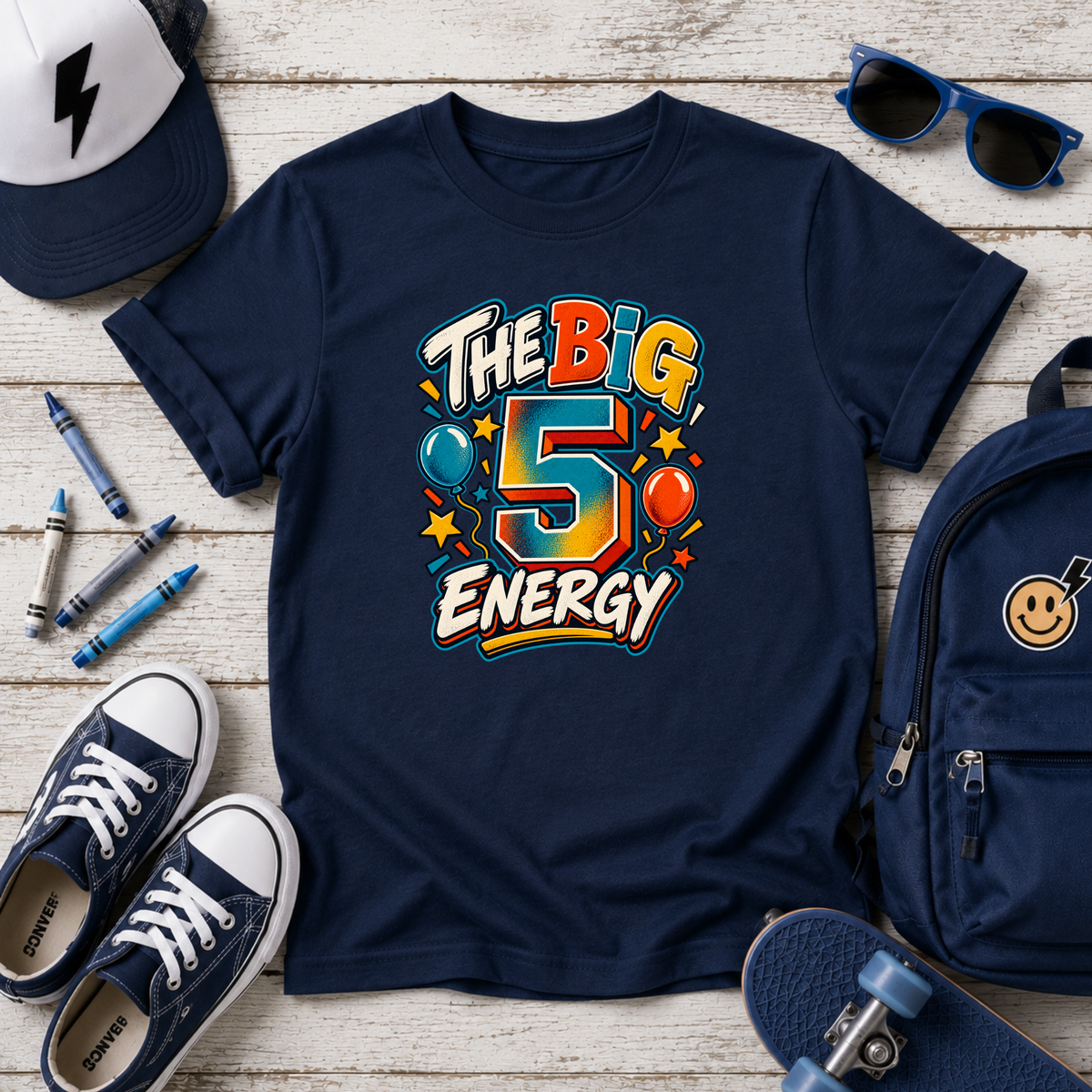 Kids T-Shirt “The Big 5 Energy” Birthday Tee (Colorful Balloons, Fun Graphic)