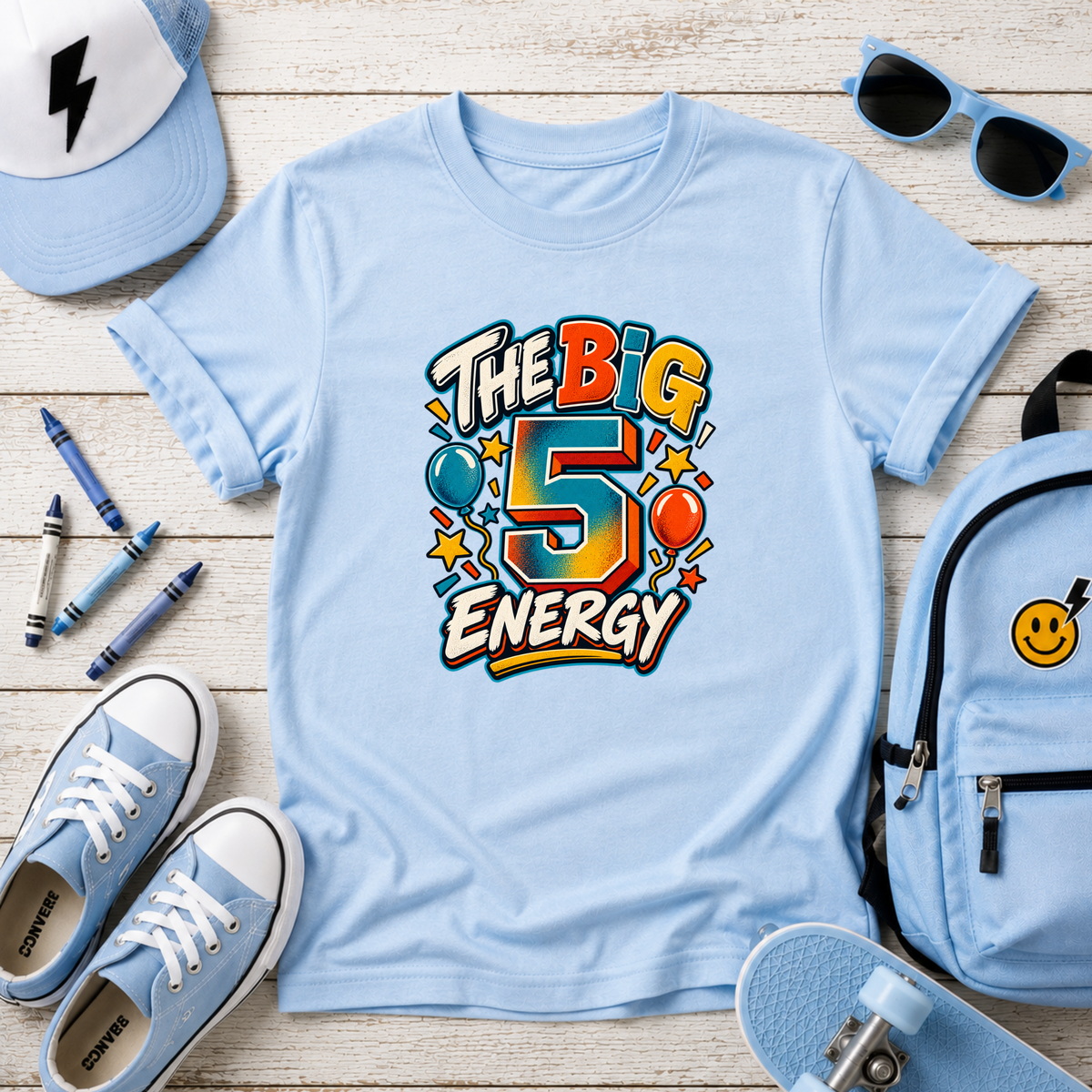 Kids T-Shirt “The Big 5 Energy” Birthday Tee (Colorful Balloons, Fun Graphic)