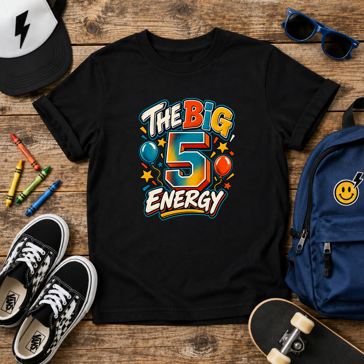 Kids T-Shirt “The Big 5 Energy” Birthday Tee (Colorful Balloons, Fun Graphic)