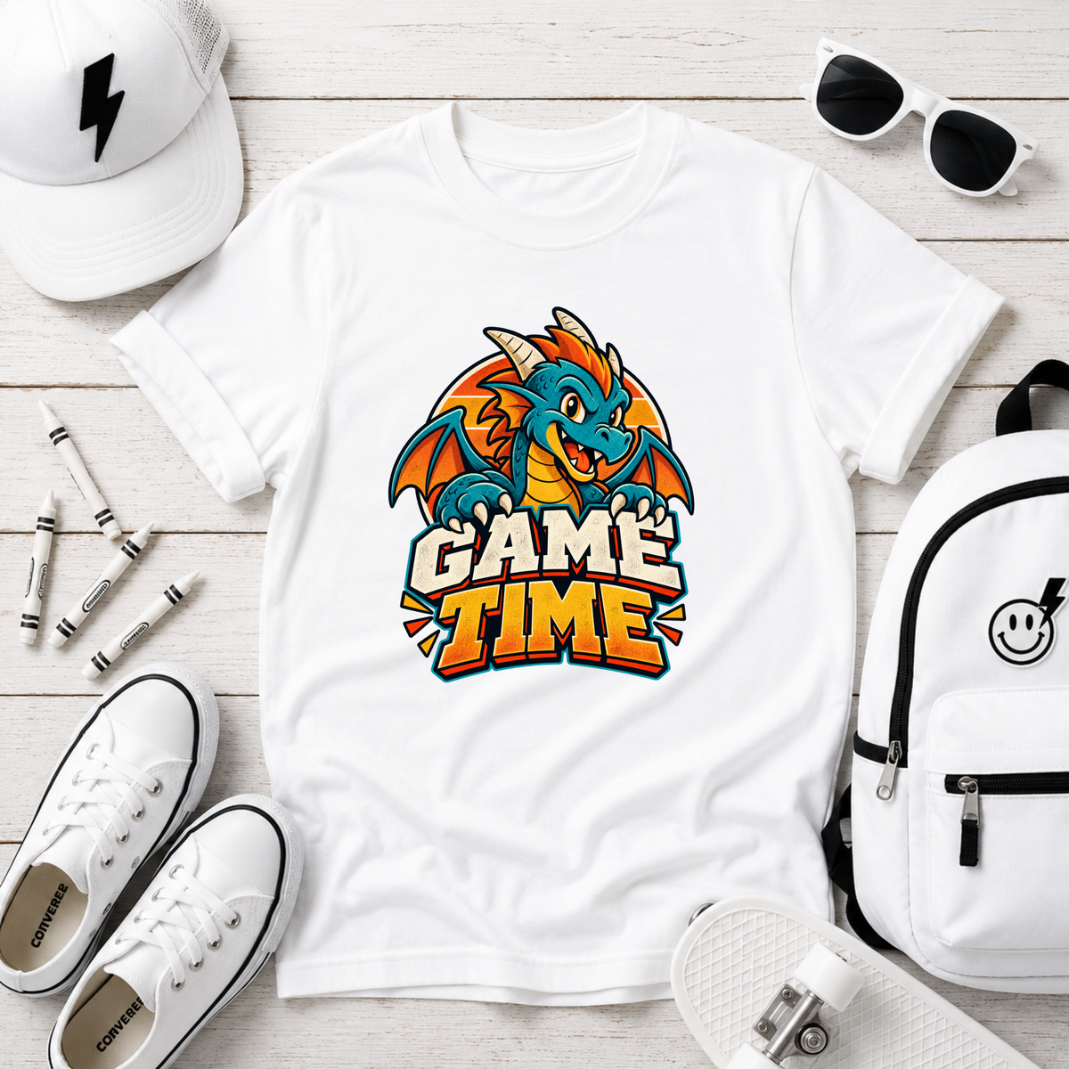 Kids T-Shirt Cute Dragon 'Game Time' Gaming Graphic Tee