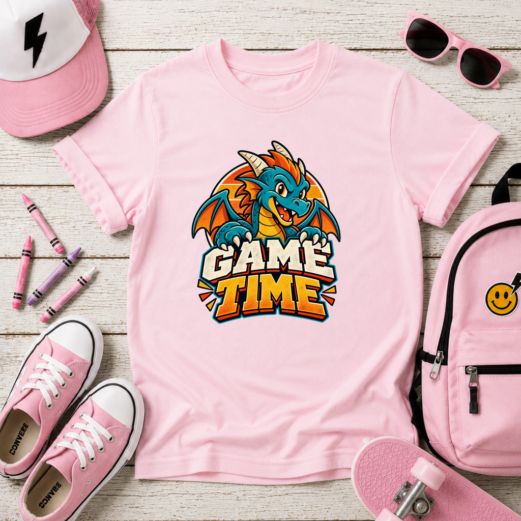 Kids T-Shirt Cute Dragon 'Game Time' Gaming Graphic Tee