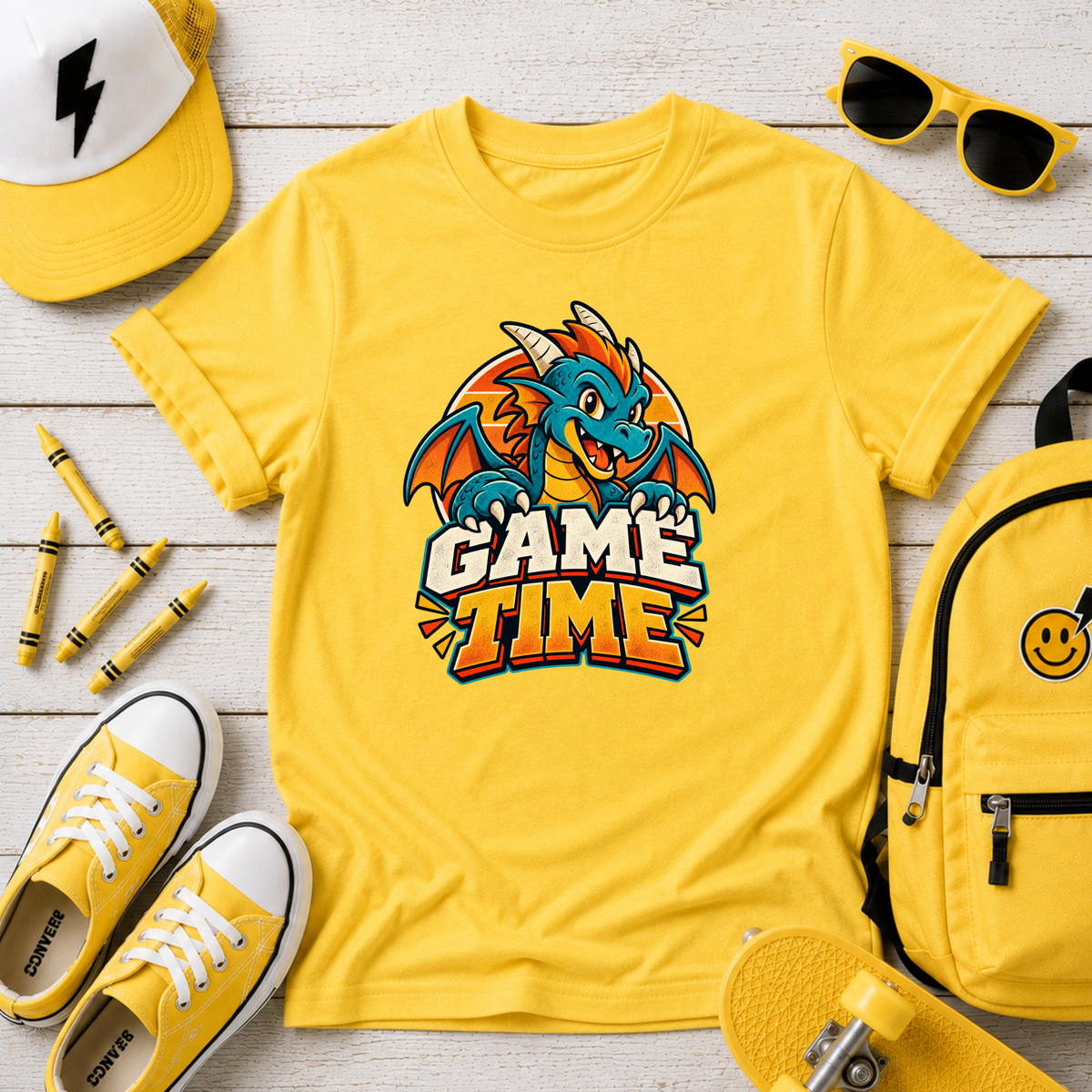 Kids T-Shirt Cute Dragon 'Game Time' Gaming Graphic Tee