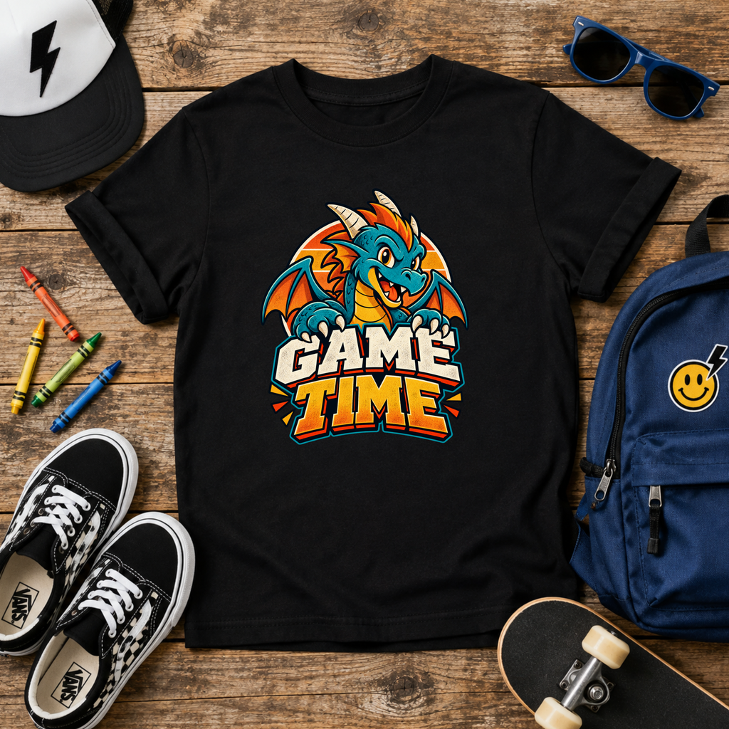 Kids T-Shirt Cute Dragon 'Game Time' Gaming Graphic Tee