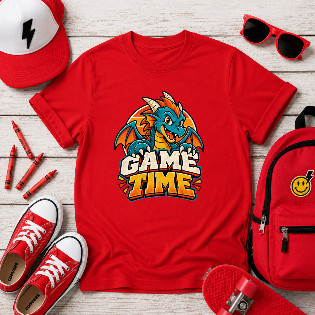 Kids T-Shirt Cute Dragon 'Game Time' Gaming Graphic Tee