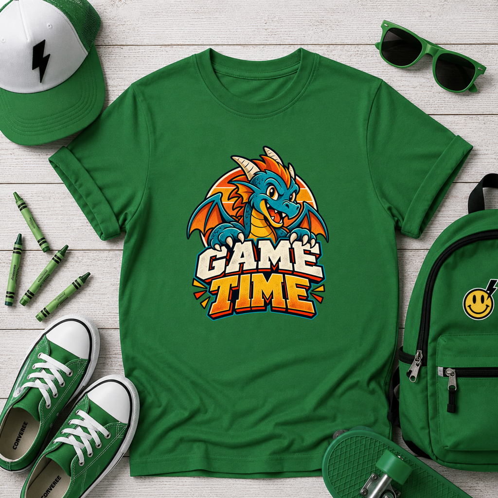 Kids T-Shirt Cute Dragon 'Game Time' Gaming Graphic Tee
