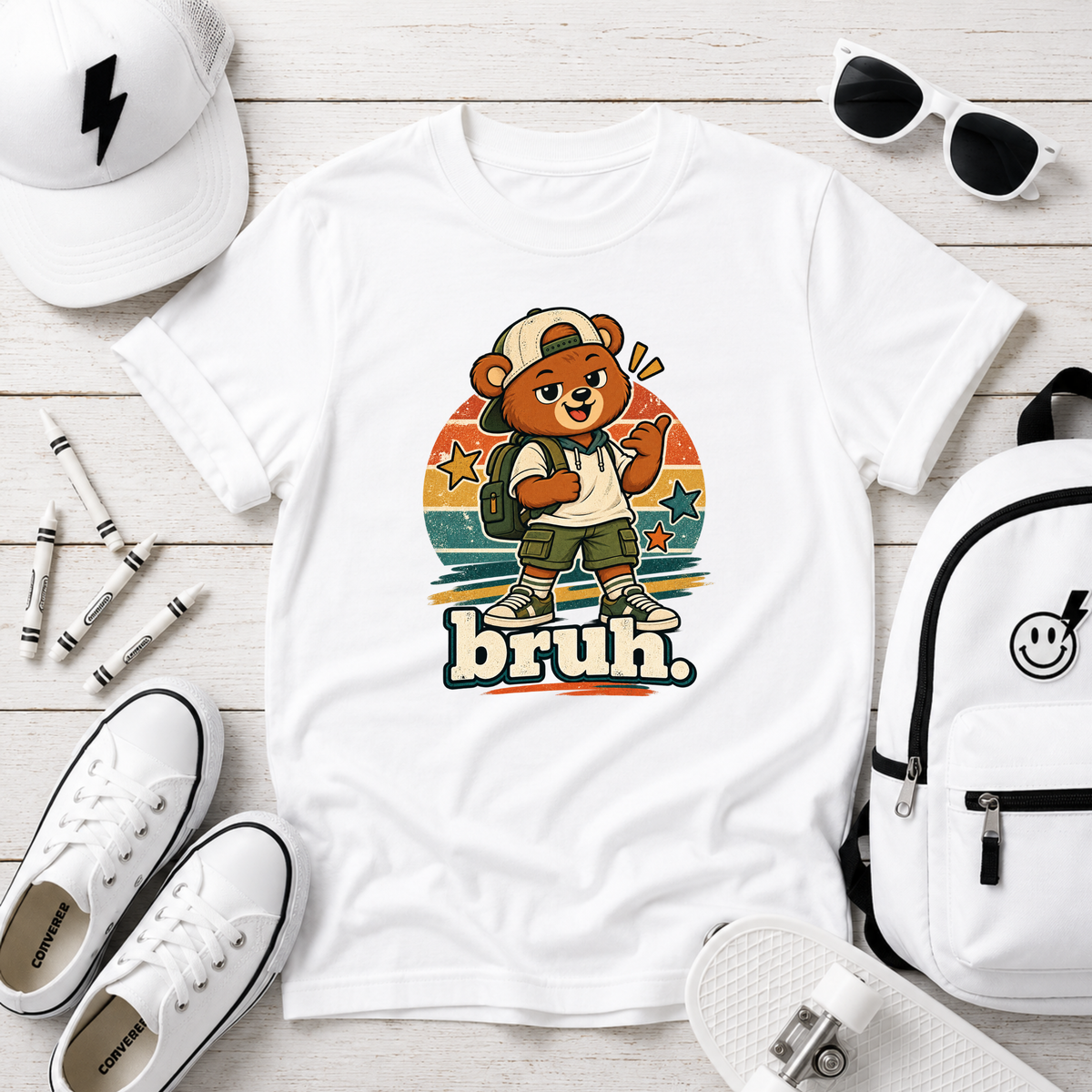 Retro Skateboarding Bear Kids Graphic T-Shirt "bruh."