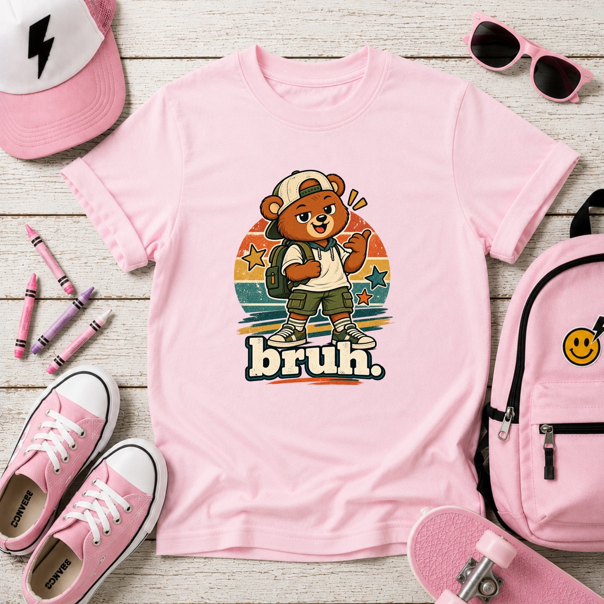 Retro Skateboarding Bear Kids Graphic T-Shirt "bruh."