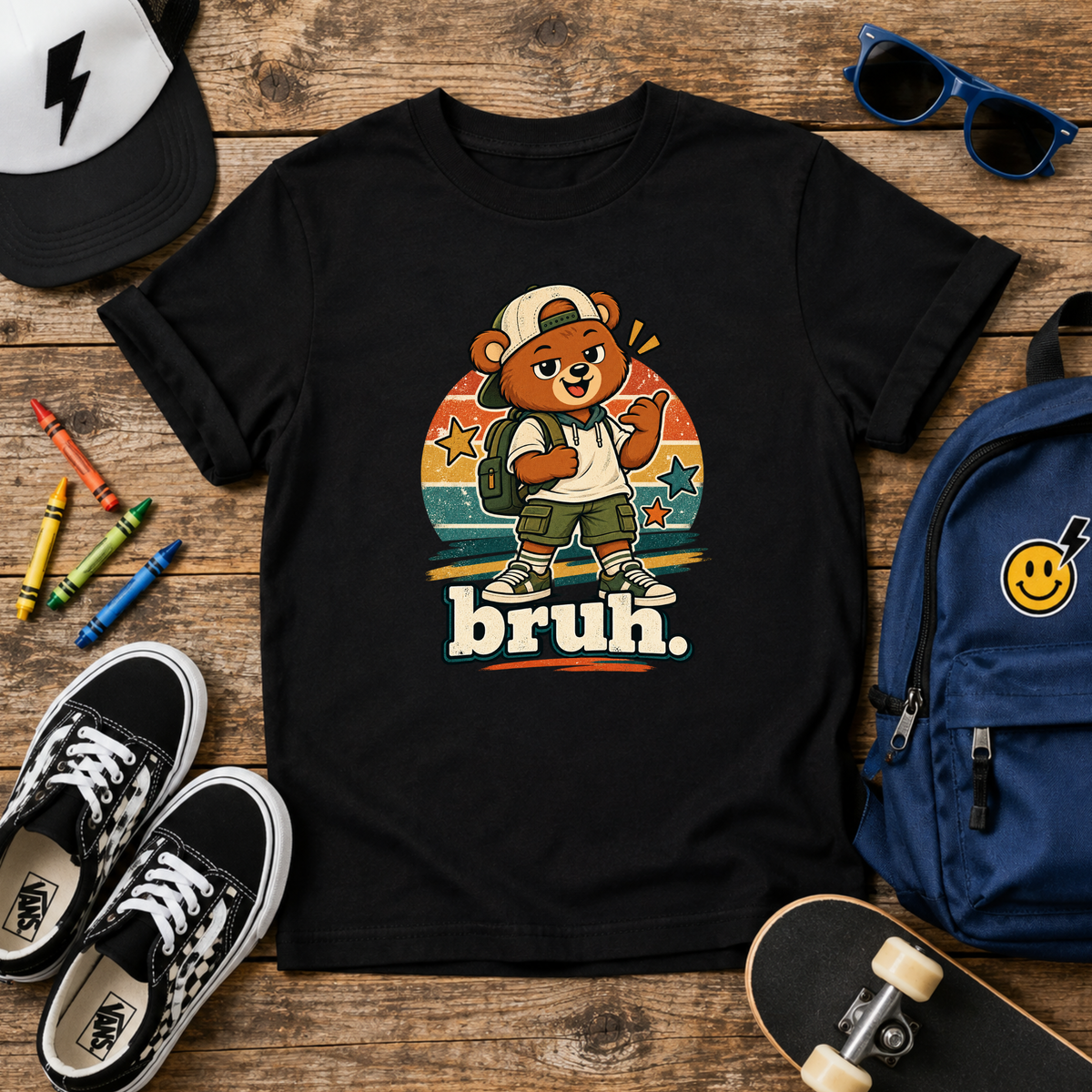 Retro Skateboarding Bear Kids Graphic T-Shirt "bruh."
