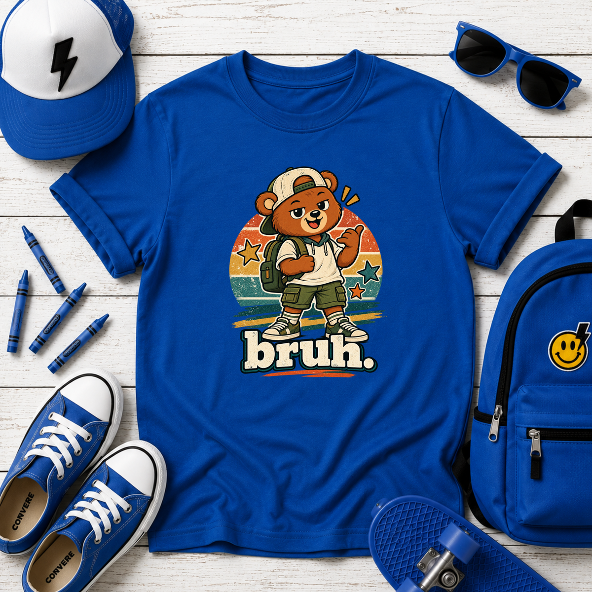 Retro Skateboarding Bear Kids Graphic T-Shirt "bruh."