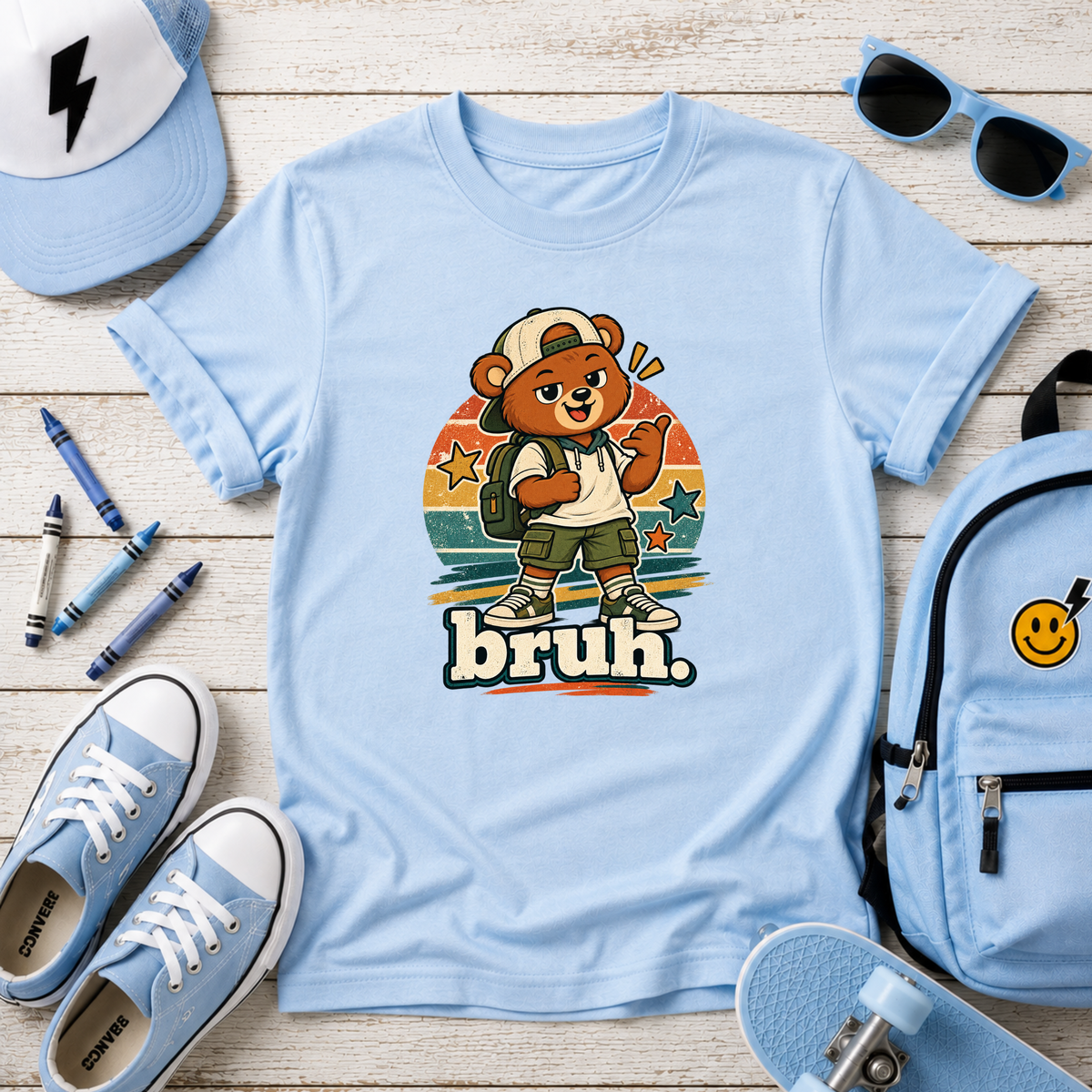 Retro Skateboarding Bear Kids Graphic T-Shirt "bruh."