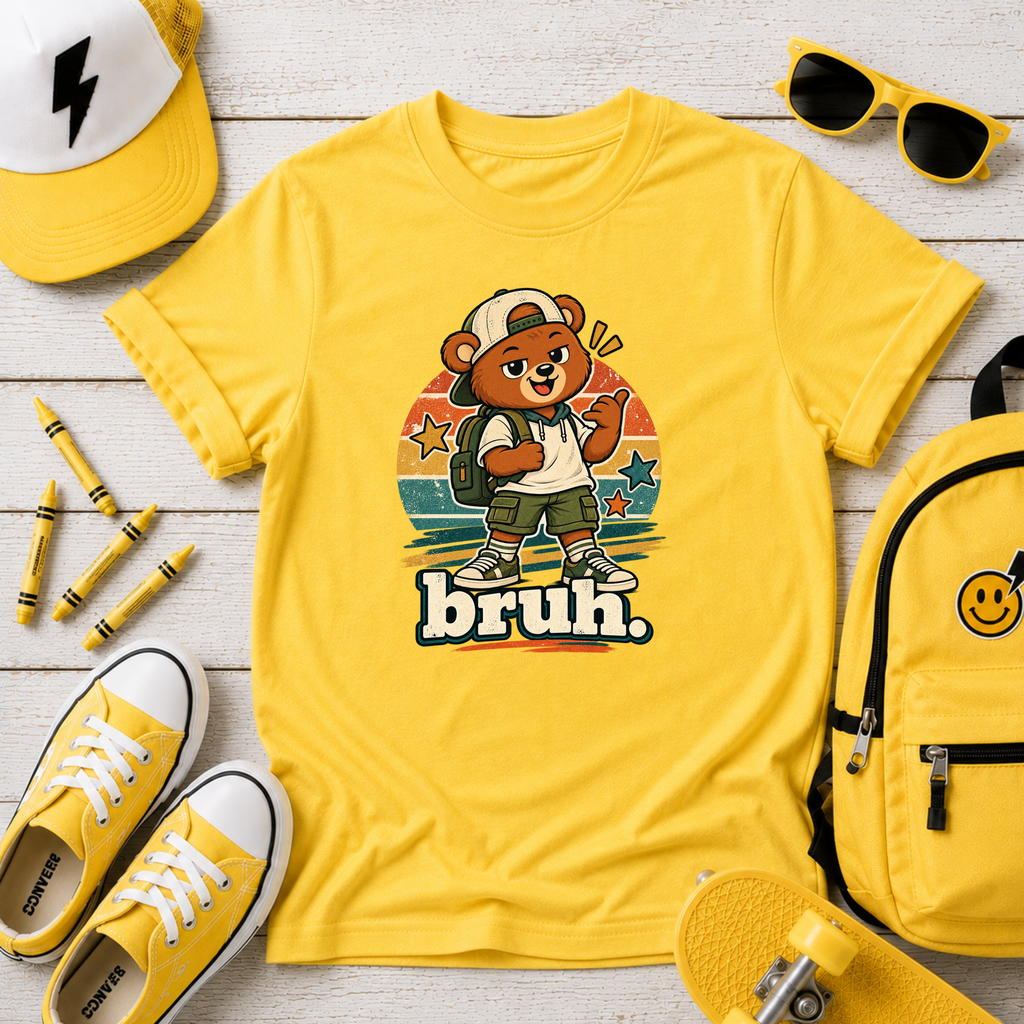 Retro Skateboarding Bear Kids Graphic T-Shirt "bruh."