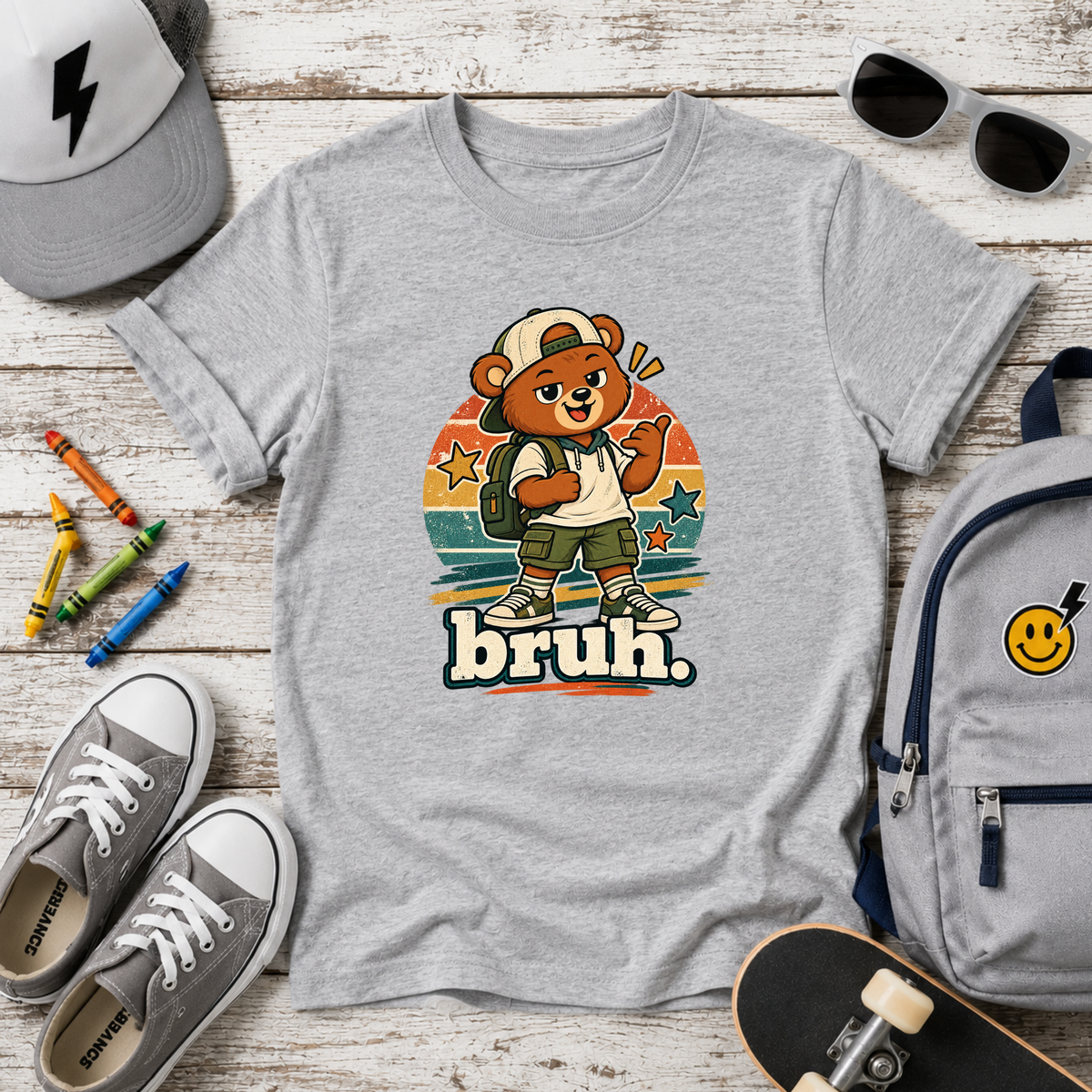 Retro Skateboarding Bear Kids Graphic T-Shirt "bruh."