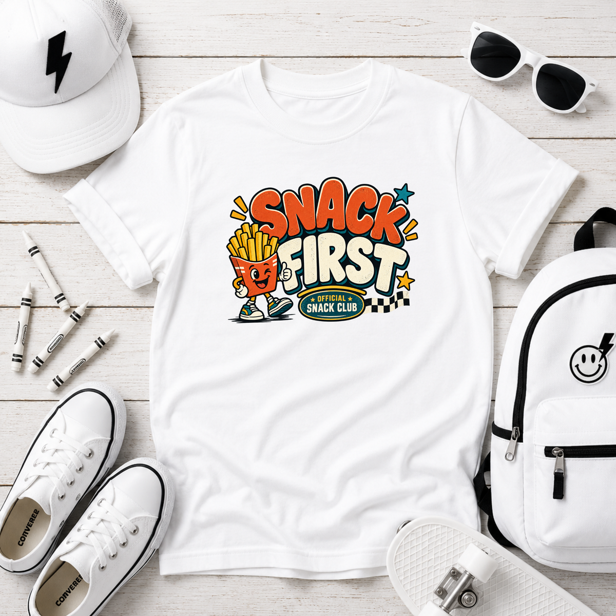 Kids Tee "Snack First" Retro Fries Graphic Shirt