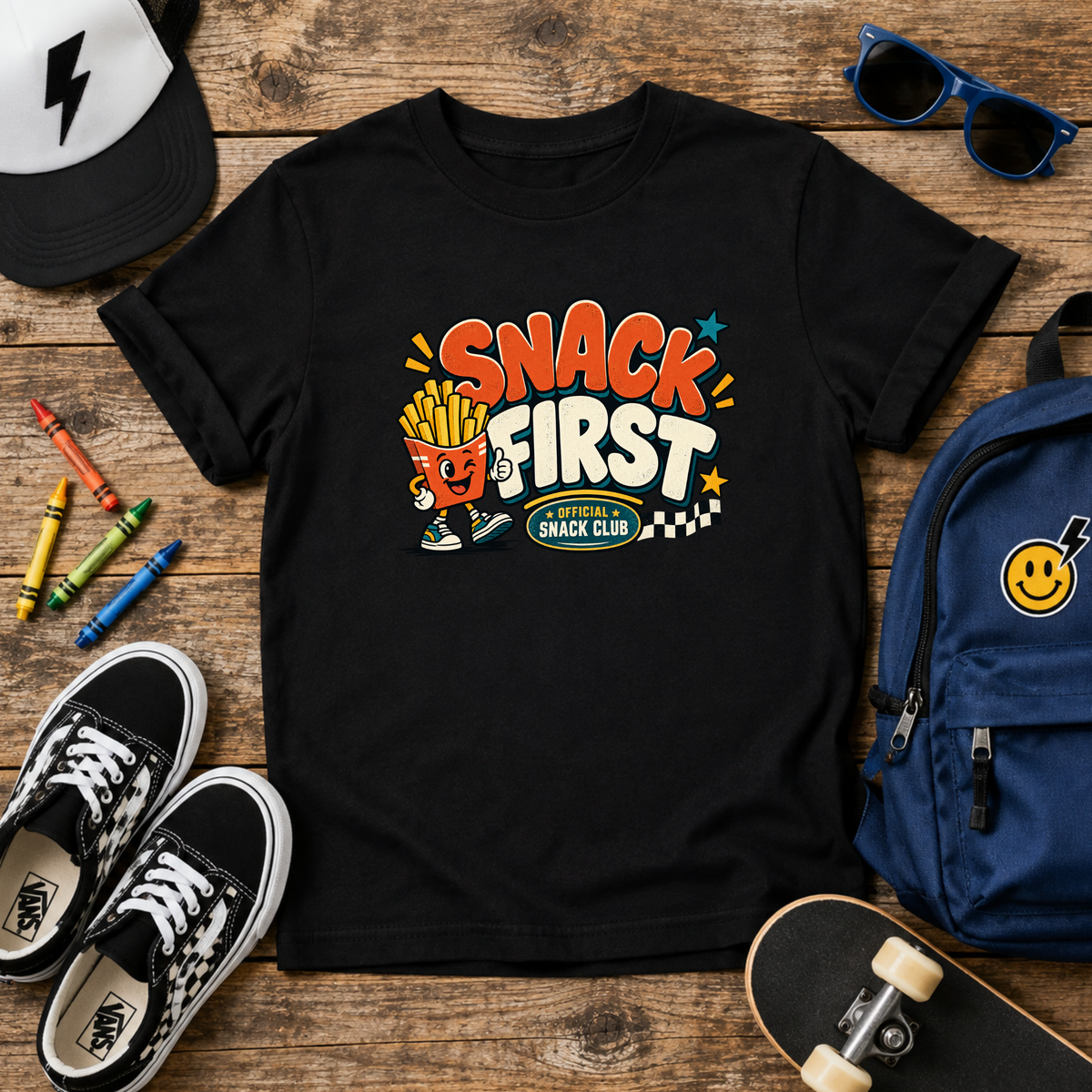 Kids Tee "Snack First" Retro Fries Graphic Shirt