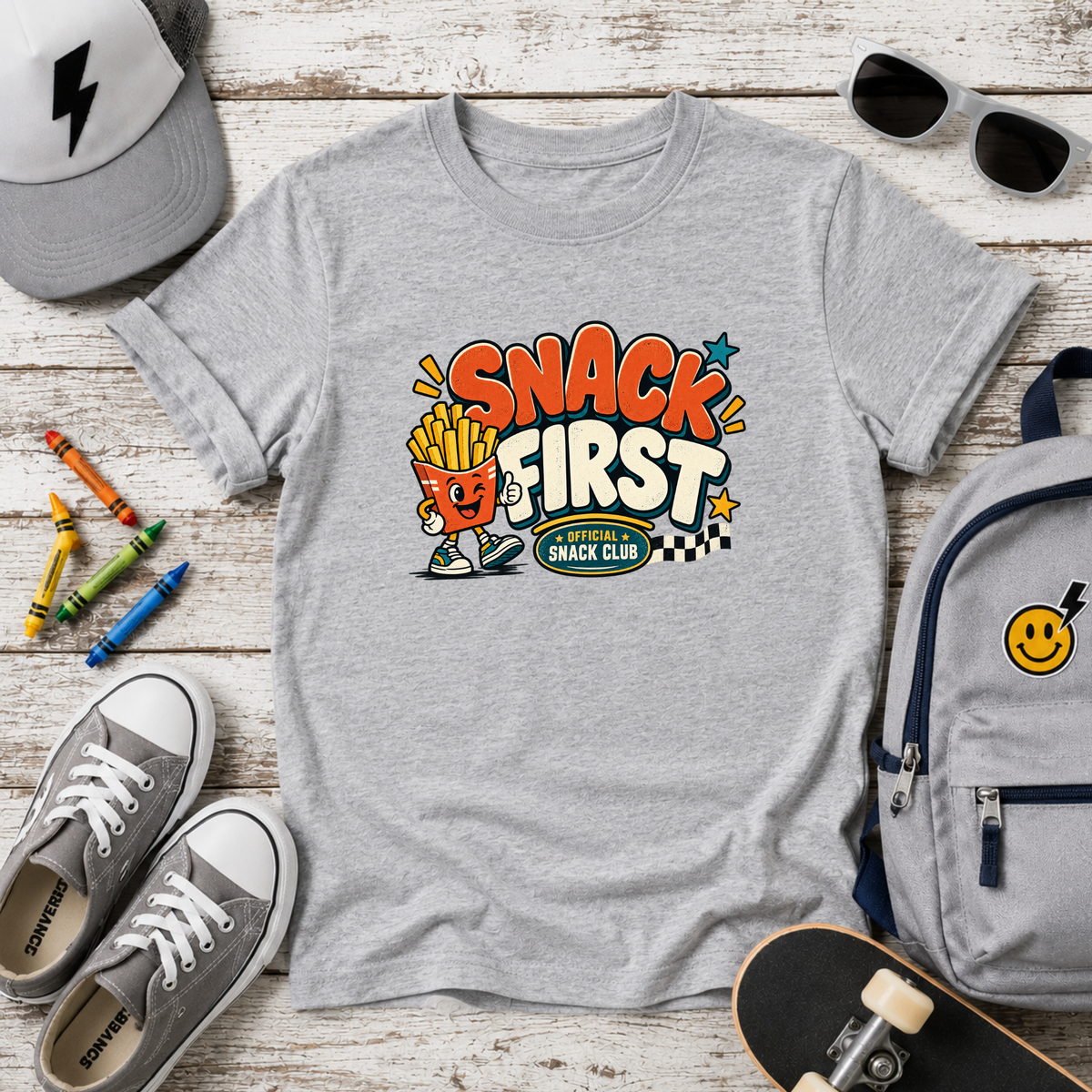 Kids Tee "Snack First" Retro Fries Graphic Shirt