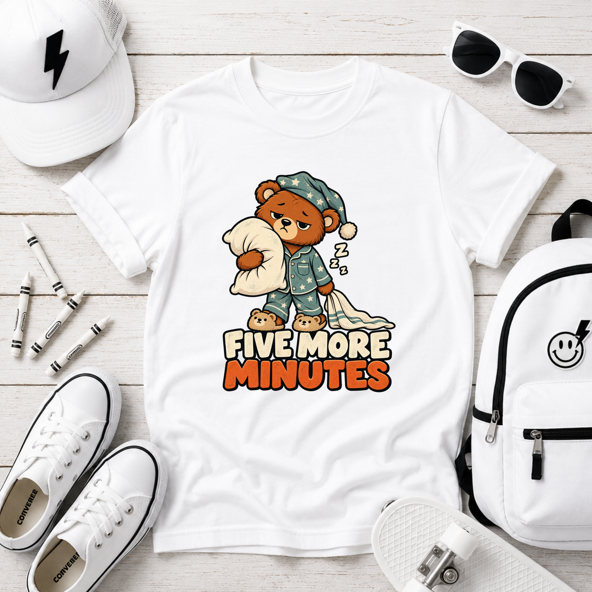 Funny Kids Graphic Tee 'Five More Minutes' Sleepy Bear Pajama Shirt