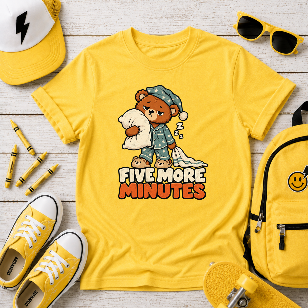 Funny Kids Graphic Tee 'Five More Minutes' Sleepy Bear Pajama Shirt