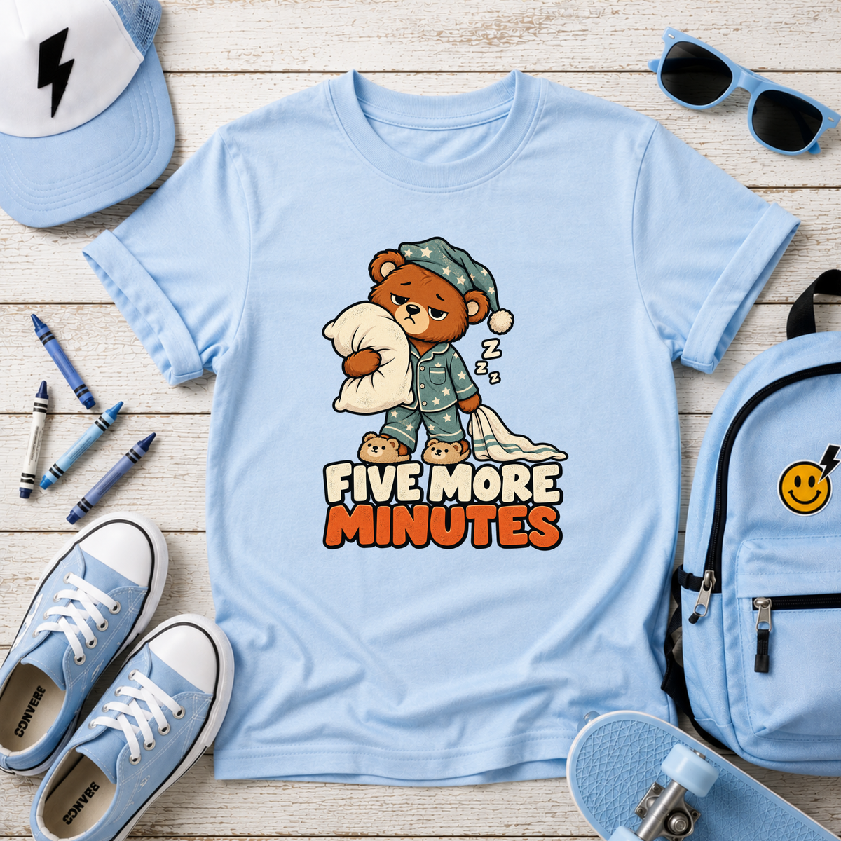 Funny Kids Graphic Tee 'Five More Minutes' Sleepy Bear Pajama Shirt