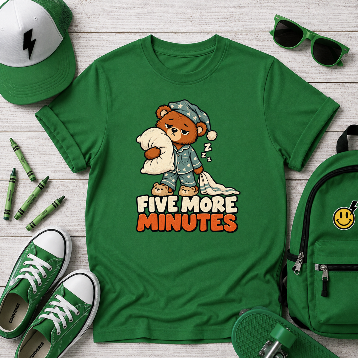 Funny Kids Graphic Tee 'Five More Minutes' Sleepy Bear Pajama Shirt