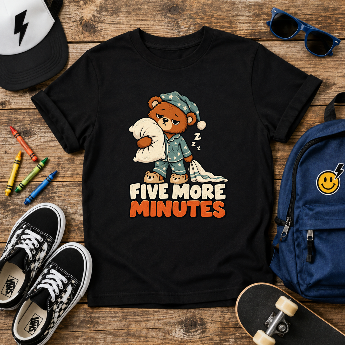 Funny Kids Graphic Tee 'Five More Minutes' Sleepy Bear Pajama Shirt