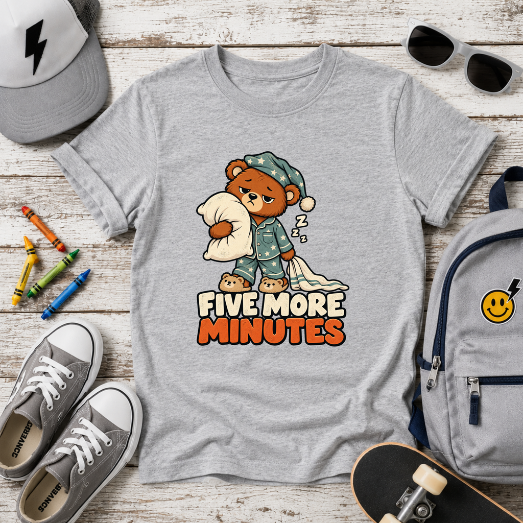 Funny Kids Graphic Tee 'Five More Minutes' Sleepy Bear Pajama Shirt