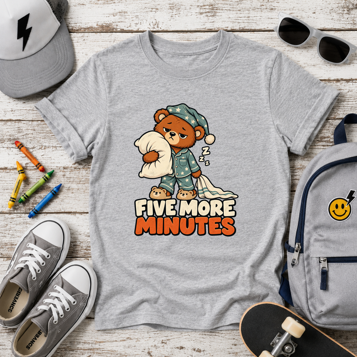 Funny Kids Graphic Tee 'Five More Minutes' Sleepy Bear Pajama Shirt