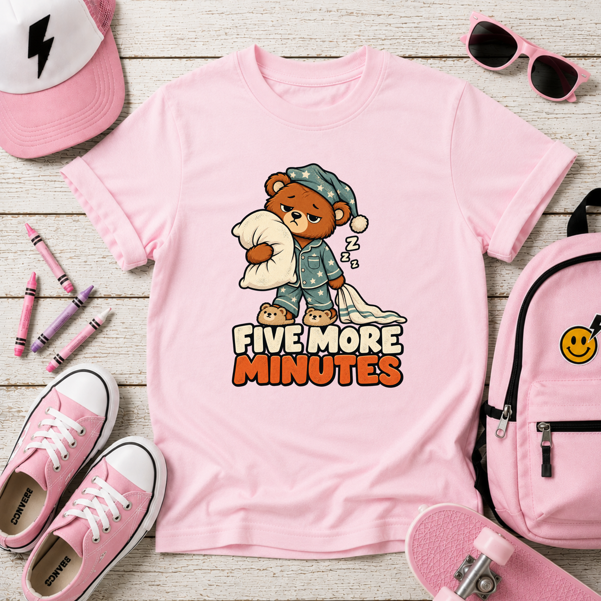 Funny Kids Graphic Tee 'Five More Minutes' Sleepy Bear Pajama Shirt