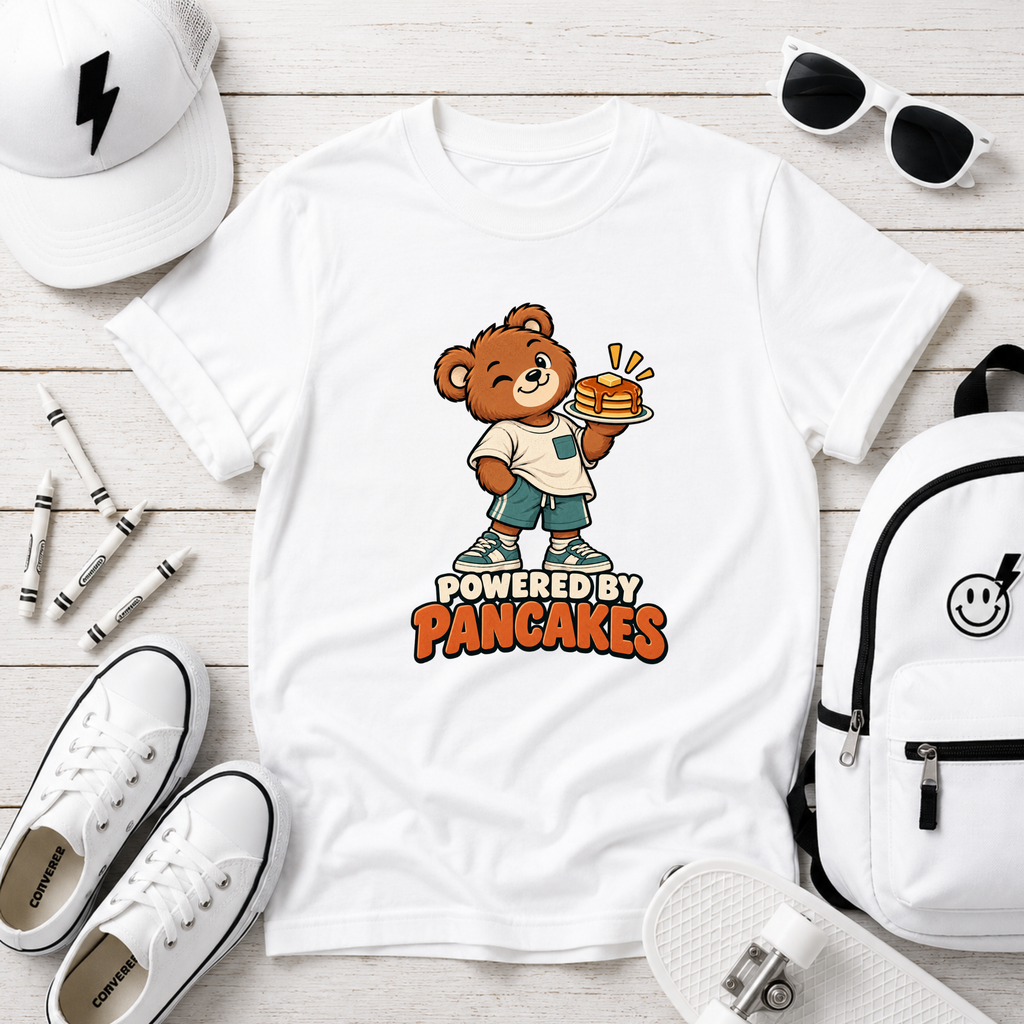 Kids Tee 'Powered by Pancakes' Cute Bear Breakfast Shirt