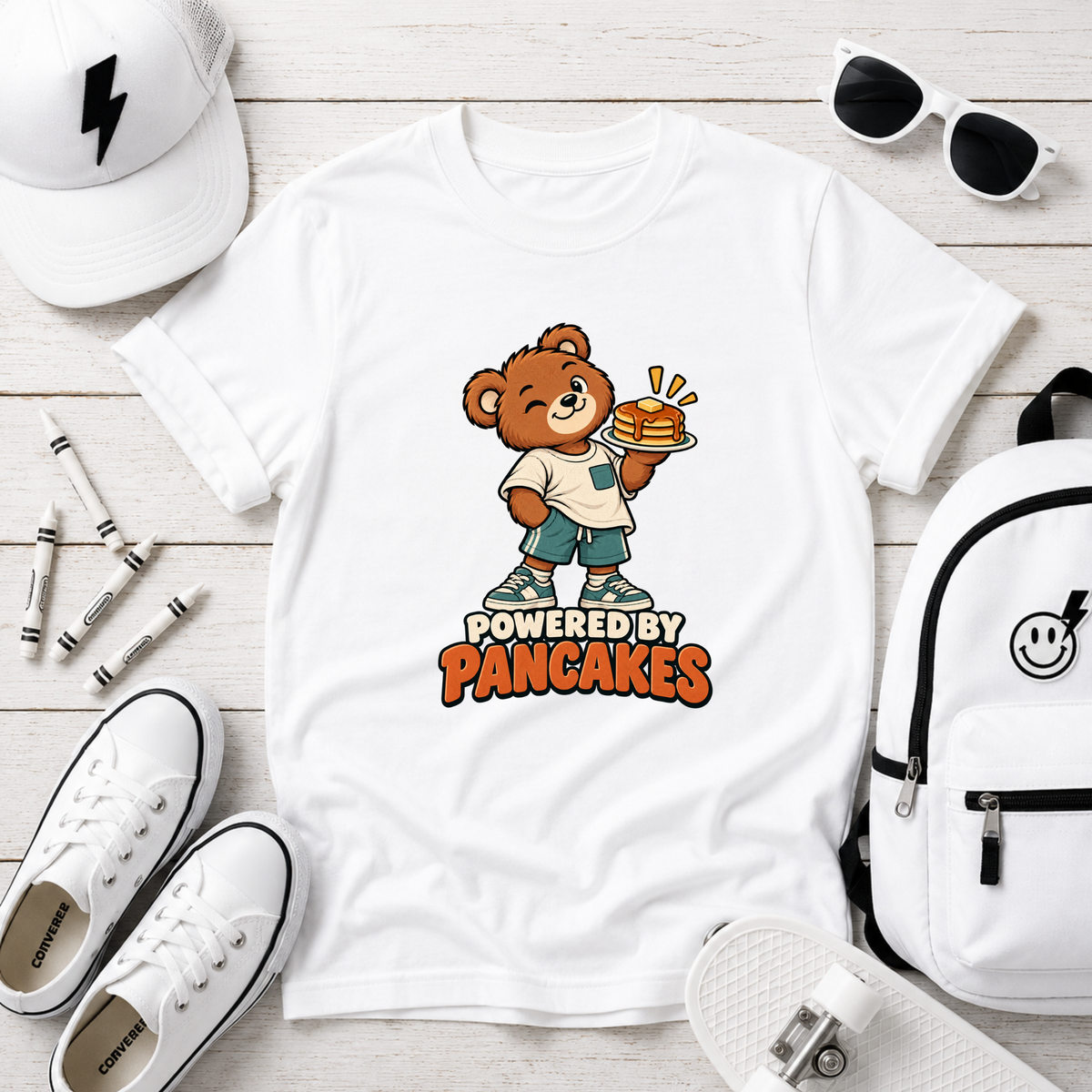 Kids Tee 'Powered by Pancakes' Cute Bear Breakfast Shirt