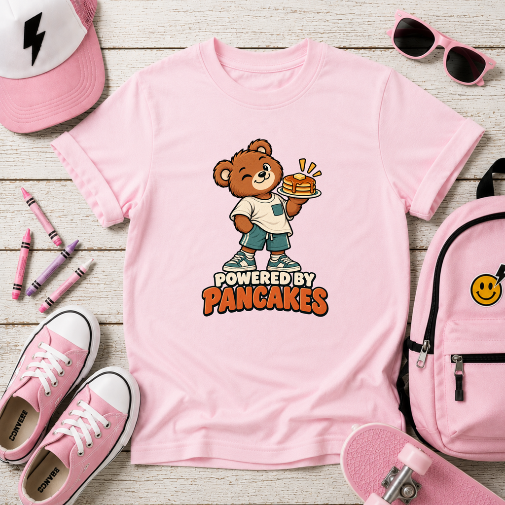 Kids Tee 'Powered by Pancakes' Cute Bear Breakfast Shirt
