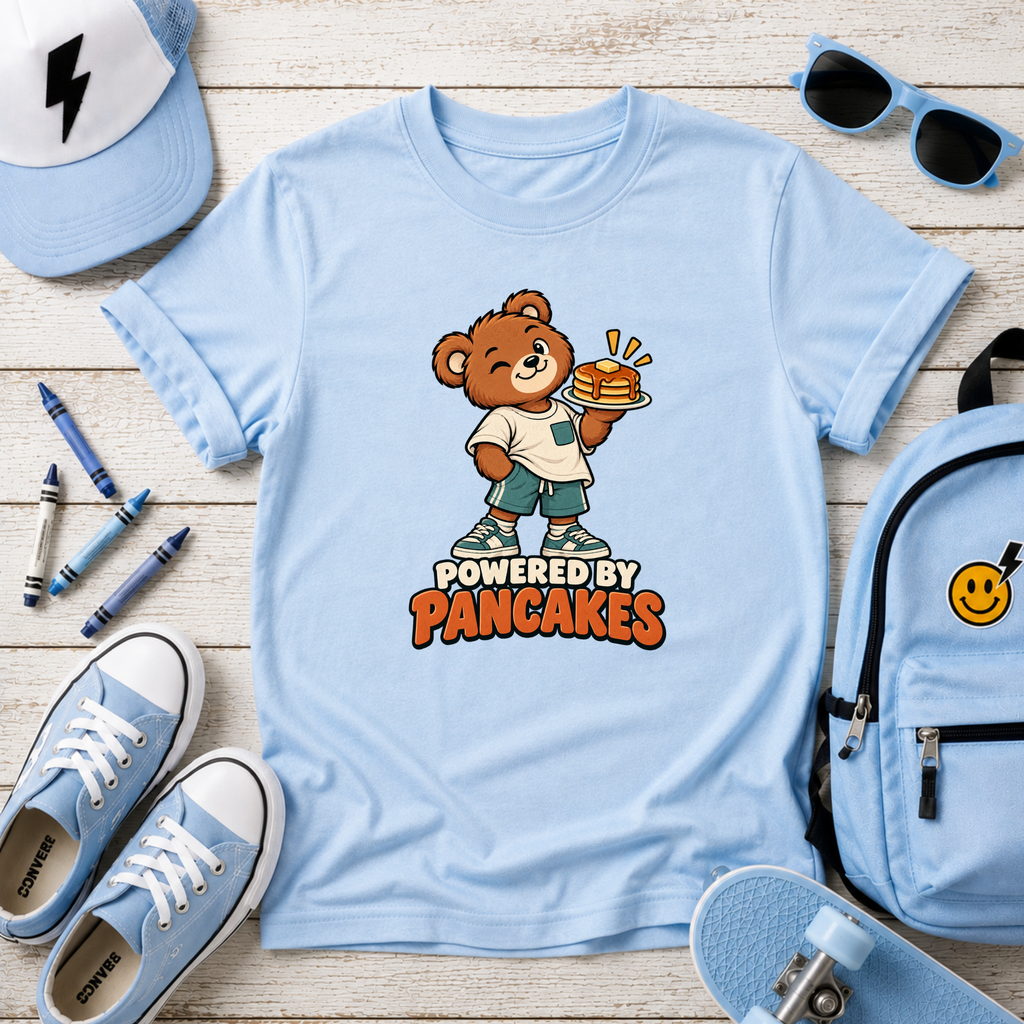 Kids Tee 'Powered by Pancakes' Cute Bear Breakfast Shirt