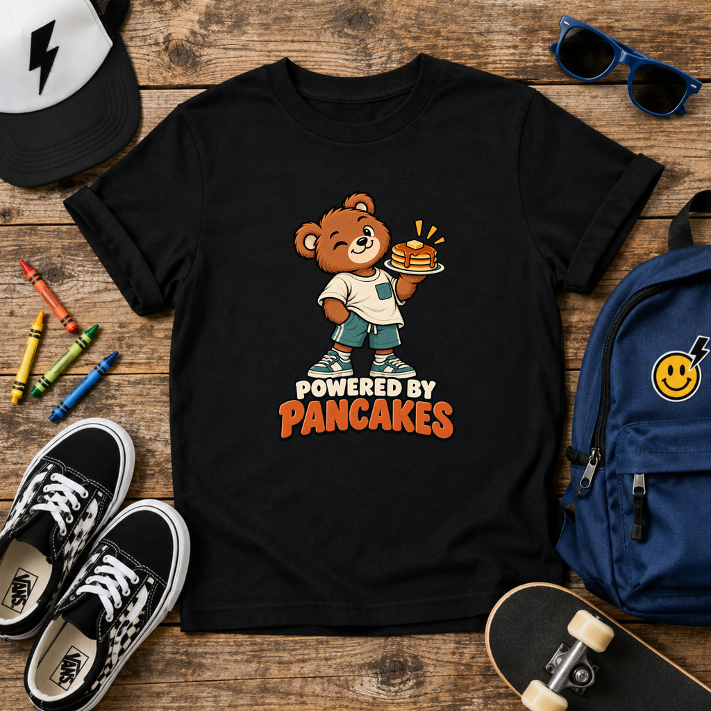 Kids Tee 'Powered by Pancakes' Cute Bear Breakfast Shirt