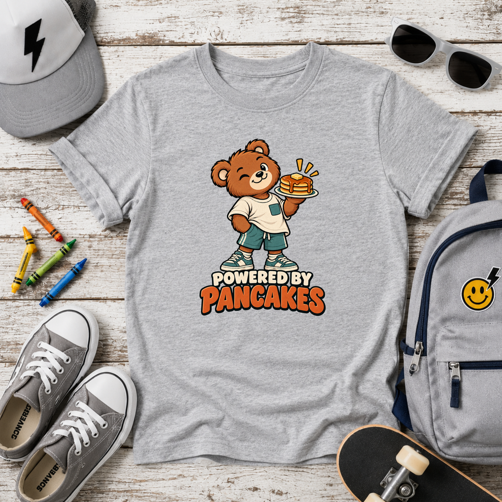 Kids Tee 'Powered by Pancakes' Cute Bear Breakfast Shirt