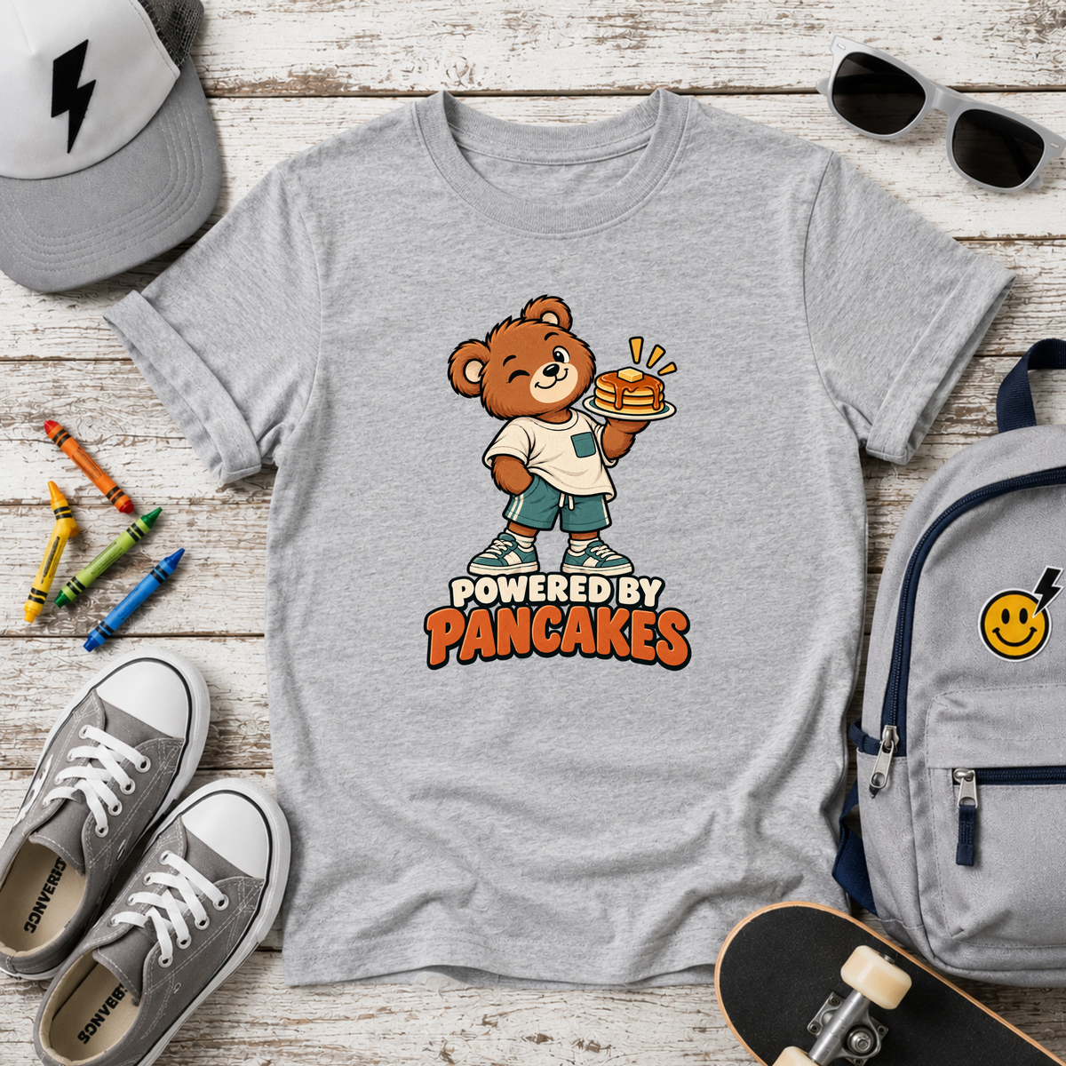 Kids Tee 'Powered by Pancakes' Cute Bear Breakfast Shirt